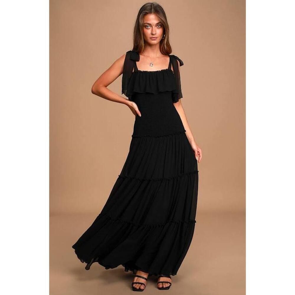 Lulus Like A Fairy Tale Black Smocked Tie-strap Tiered Maxi Dress - Size XS
